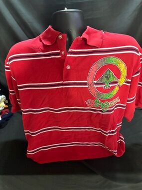 Red Striped Polo Shirt with Graphic Chest Print-Y2K LRG size 1X-#565